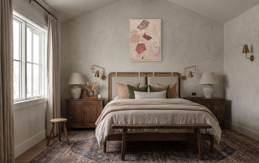 Bedroom mockup with framed artwork above the bed
