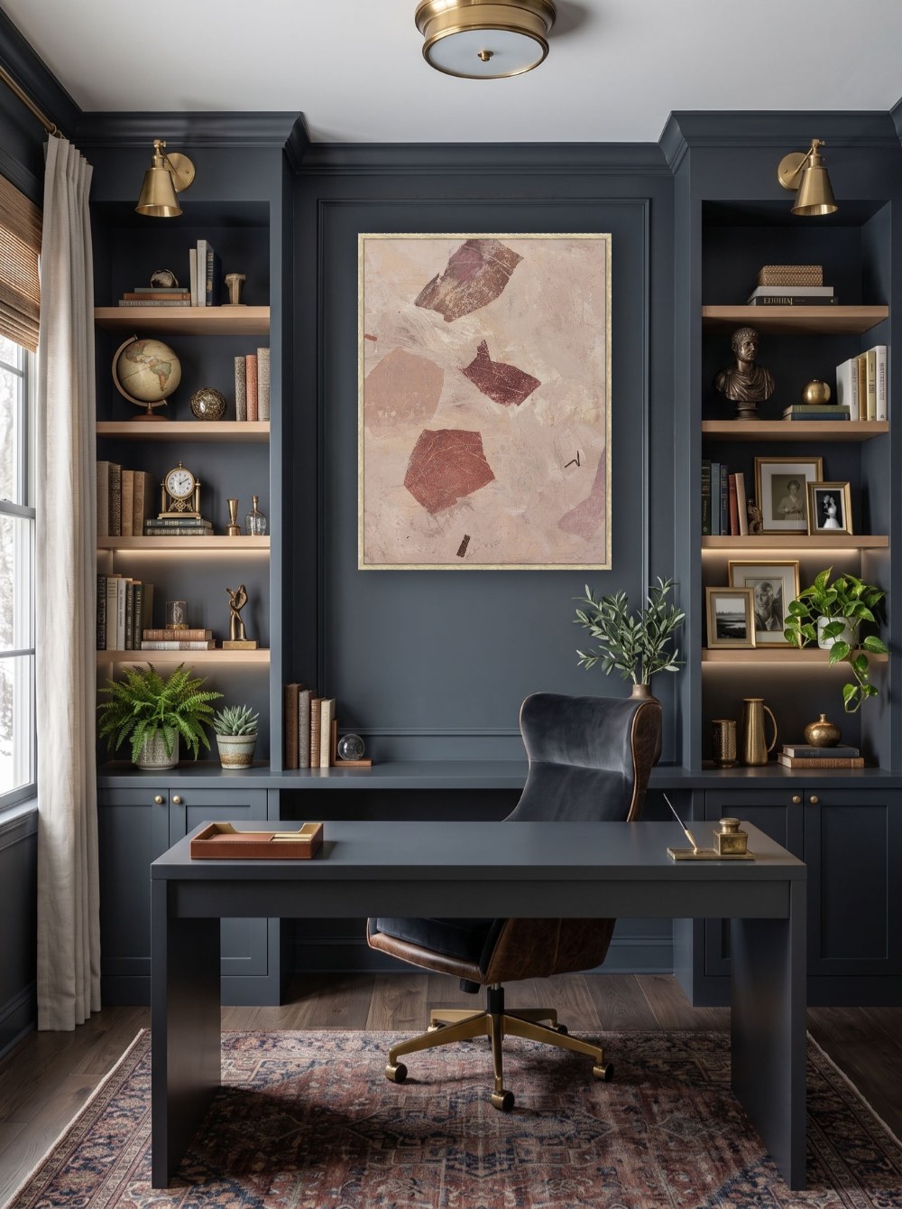 Office mockup with framed artwork on a paneled wall